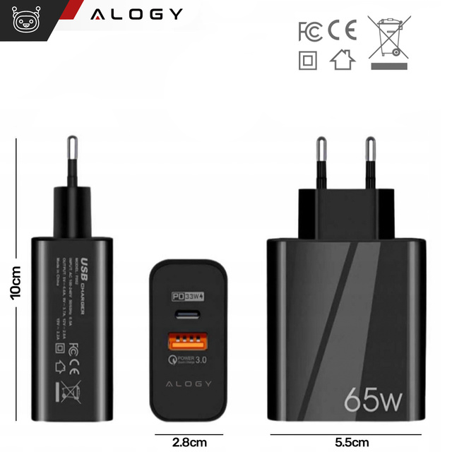 Alogy Ładowarka sieciowa szybka Quick Charge QC 3.0 USB-A + USB-C 65W Custom Fast Charger Black
