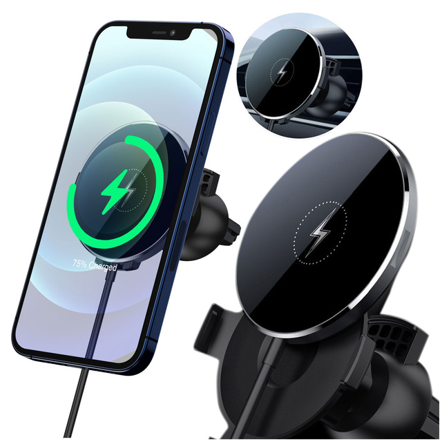 Alogy Uchwyt do samochodu 2w1 z ładowarką Qi Airvent MagSafe Charger do MagSafe 15W do kratki samochodowy Czarny