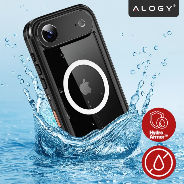 Etui Wodoodporne do Apple iPhone 17 Air 6,6", Pancerna Obudowa 360° z Przezroczystym Tyłem, Kompatybilna z MagSafe, Alogy HydroArmor™ IP68 Case – Czarne