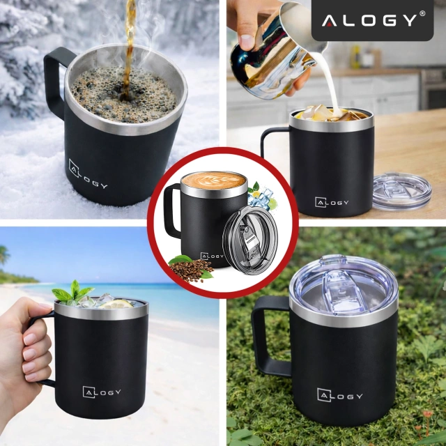 Alogy Kubek termiczny z uchwytem Thermal Mug otwierana pokrywka stalowy zimno i ciepło Czarny