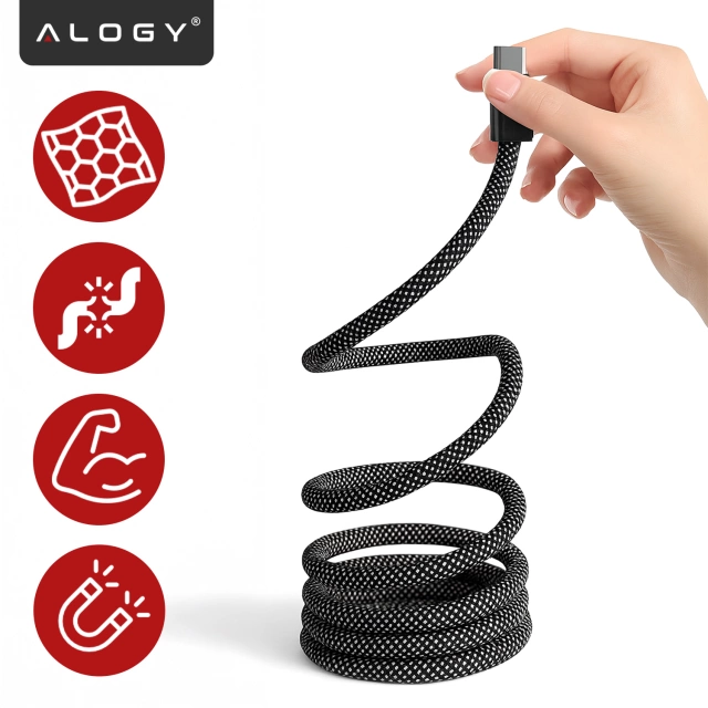 Kabel Zasilający USB-C do USB-C 65W 1m, Szybkie Ładowanie PD, Magnetyczny, Trwały i Elastyczny Przewód Kompatybilny z iPhone, MacBook i Android, Alogy MagiCharge™ – Czarny