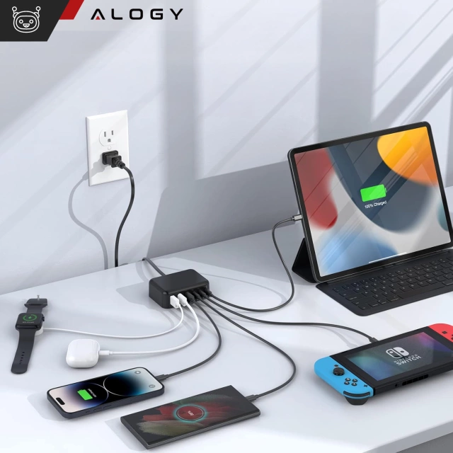 Ładowarka sieciowa 6w1 Super Szybkie Ładowanie 100W GaN 3x USB 3x USB-C Alogy Super Quick Charger Czarna