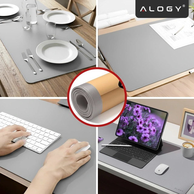 Podkładka na biurko 100×50 cm – antypoślizgowa mata ochronna z eleganckiej ekoskóry PU, pod mysz i klawiaturę, stylowa i trwała – Alogy WorkMat™ Szara