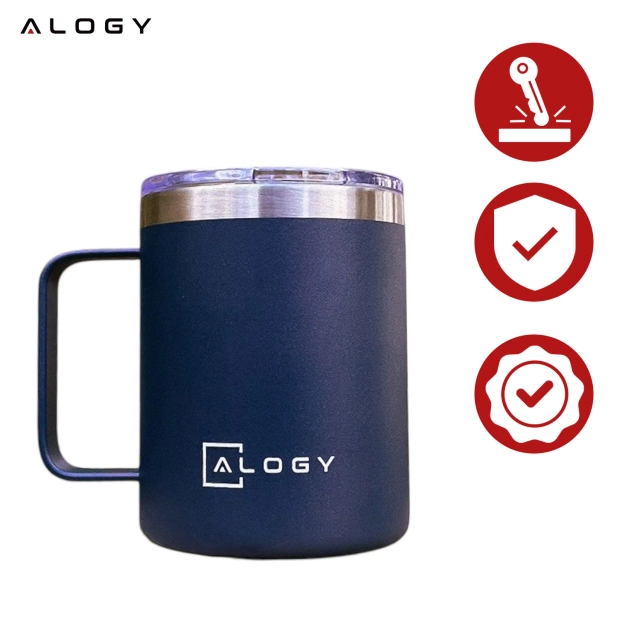 Alogy Kubek termiczny z uchwytem Thermal Mug otwierana pokrywka stalowy zimno i ciepło granatowy