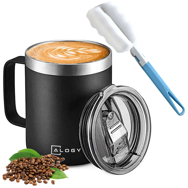 Alogy Kubek termiczny z uchwytem Thermal Mug otwierana pokrywka stalowy zimno i ciepło Czarny