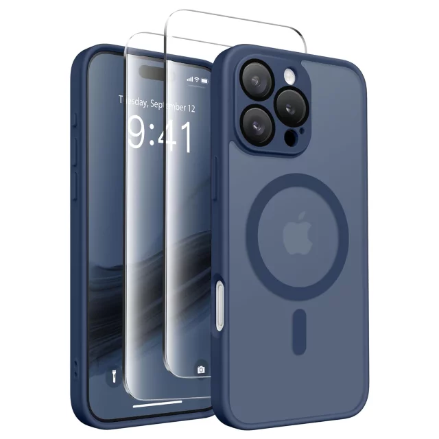 3w1 Zestaw Etui Hybrydowe + Szkło do Apple iPhone 16 Pro obudowa ochronna Hybrydowe MagSafe z ochroną obiektywu case + 2x Szkło hartowane ochronne na telefon Alogy 3in1 Case Pack Navy Blue Granatowe