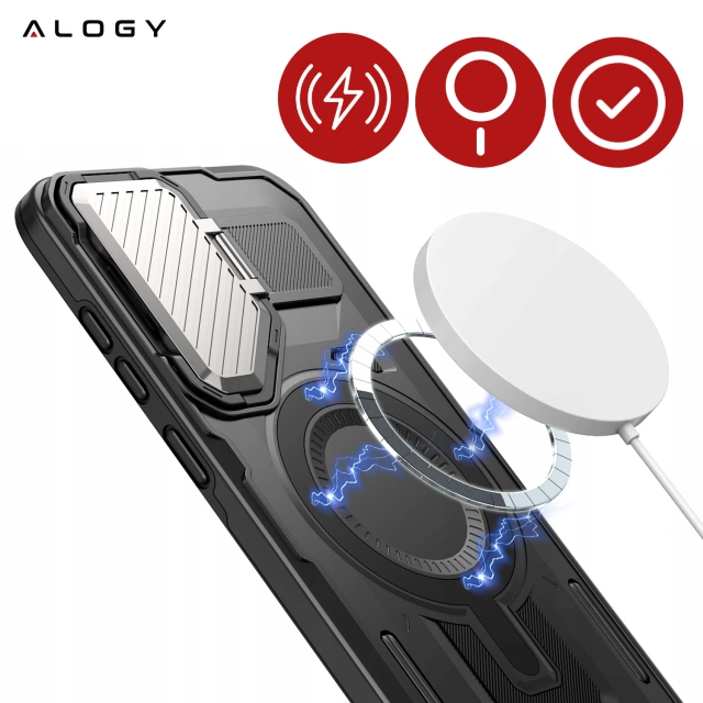 Etui do Samsung Galaxy S25 Ultra Case do MagSafe Wzmocniona Pancerna ochrona obiektywów z funkcją podstawki obudowa ochronna na telefon Alogy HeavyDuty Mag™️Czarne