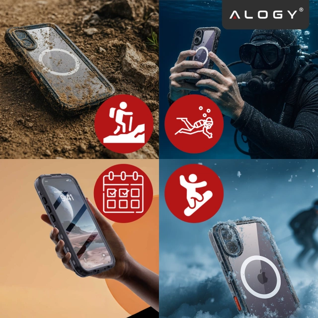 Etui Wodoodporne do Apple iPhone 17 6.3", Pancerna Obudowa 360° z Przezroczystym Tyłem, Kompatybilna z MagSafe, Alogy HydroArmor™ IP68 Case – Czarne