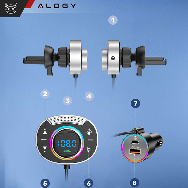 Transmiter FM bluetooth ładowarka samochodowa MP3 2w1 Alogy Car Charge USB QC 3.0 + USB-C PD