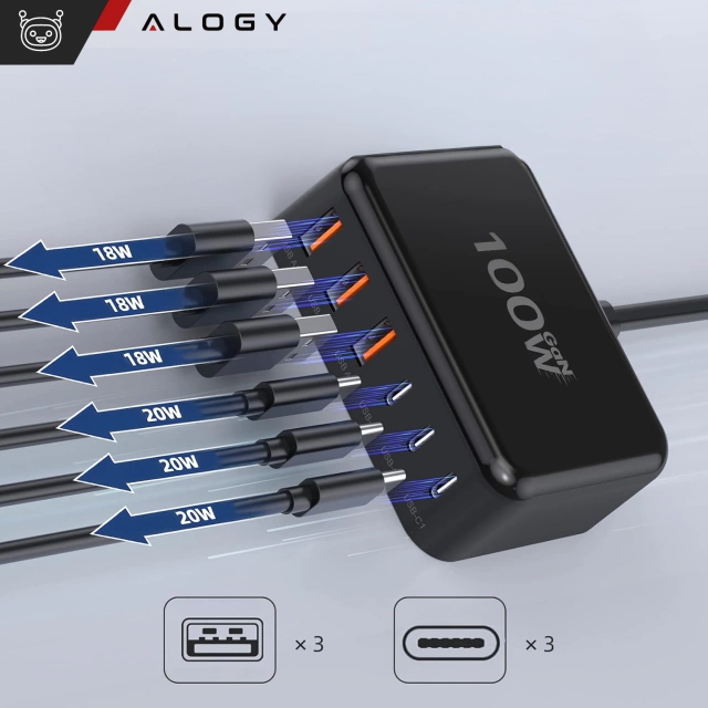 Ładowarka sieciowa 6w1 Super Szybkie Ładowanie 100W GaN 3x USB 3x USB-C Alogy Super Quick Charger Czarna