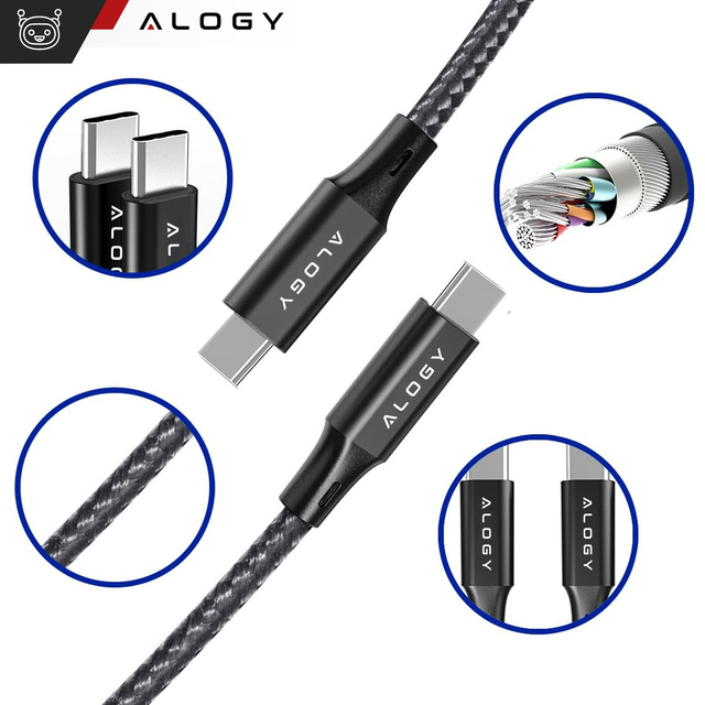 Alogy Kabel USB-C typ C mocny szybki 60W PD 1M do iPhone 15/Pro/Max nylonowy przewód Czarny