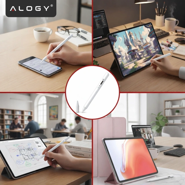 Rysik do Apple iPad Alogy Pencil z funkcją Palm Rejection Pressure Sensing Tilt Magnetyczny USB-C + 3 zapasowe końcówki Biały