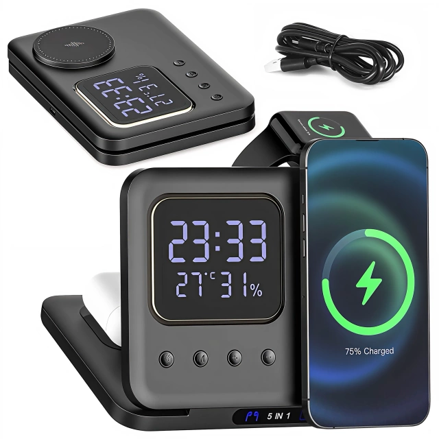 Ładowarka indukcyjna 5w1 składana Alogy MagStation Foldable Pro do MagSafe do Apple iPhone Watch AirPods z zegarem i higrometrem Czarna