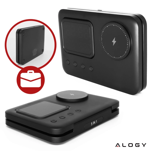 Ładowarka indukcyjna 5w1 składana Alogy MagStation Foldable Pro do MagSafe do Apple iPhone Watch AirPods z zegarem i higrometrem Czarna
