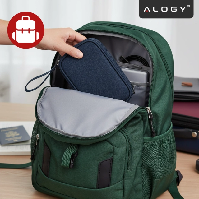 Etui Podróżne na Akcesoria, Organizer na Kable, Ładowarki, Telefon i Powerbank, Wielofunkcyjne i Kompaktowe 21 x 12,5 x 5 cm, Alogy TravelPack™ – Granatowe