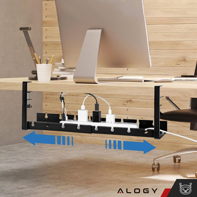 Alogy Organizer kabli pod blat półka regulowana na kable listwe biurkowy aluminiowy uchwyt Czarny 