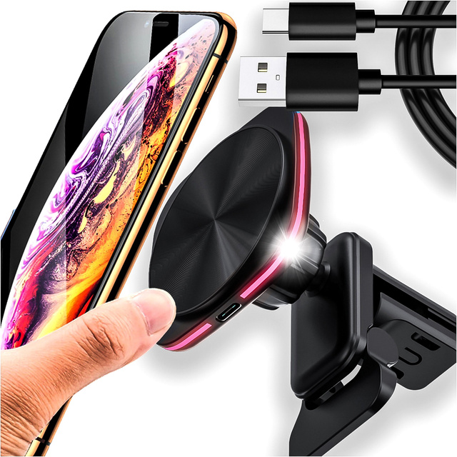 Alogy Uchwyt samochodowy na kratkę z ładowarką Mag Safe 15w do iPhone LED PD QC 3.0 do kratki wentylacyjnej auta czarny