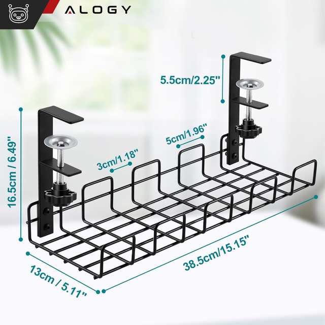 Alogy Organizer kabli uchwyt półka pod blat na kable listwy biurkowy podbiurkowy aluminiowy 38.5cm Czarny