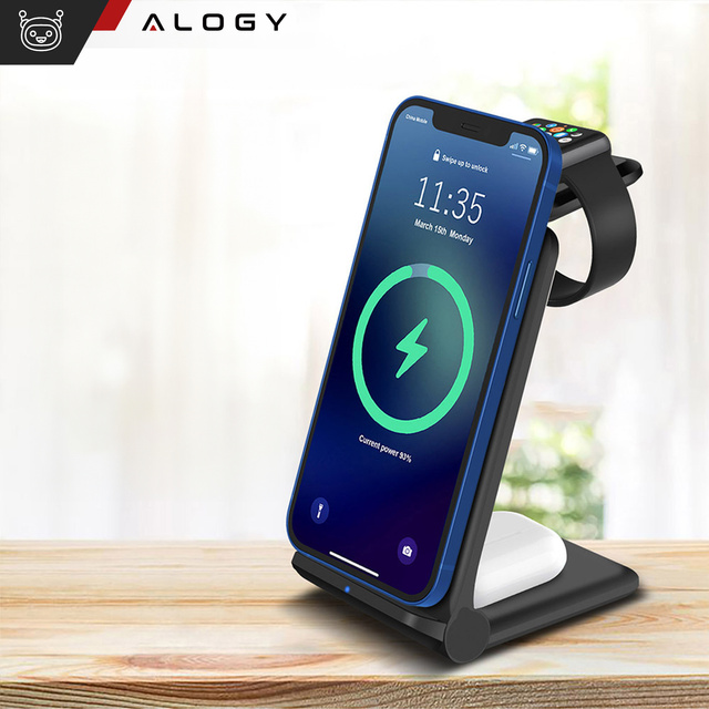 Ładowarka indukcyjna do iPHONE, APPLE WATCH, AIRPODS Alogy 3w1 QI stacja ładowania stojak 15W