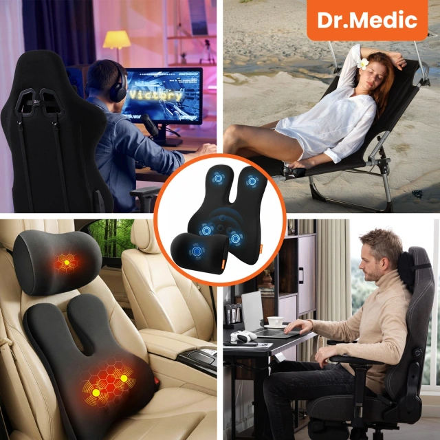 Poduszka Samochodowa 2w1 z Masażem i Podgrzewaniem – ergonomiczne wsparcie szyi, karku, pleców i odcinka lędźwiowego, elektryczny masażer z wibracjami dla kierowcy i pasażera – Dr.Medic RelaxTherapyHeat™