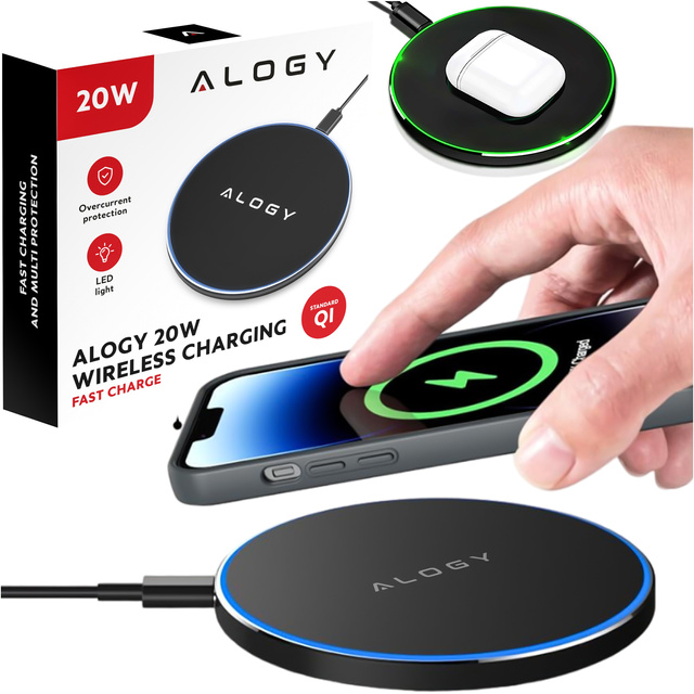 Alogy Ładowarka indukcyjna QI bezprzewodowa 20W szybka LED okrągła  + kabel USB-CCzarna