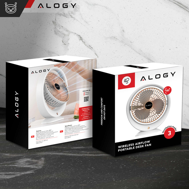 Alogy Wentylator wiatrak biurkowy stojący mocny mały przenośny bezprzewodowy 1200mAh USB-C Biały