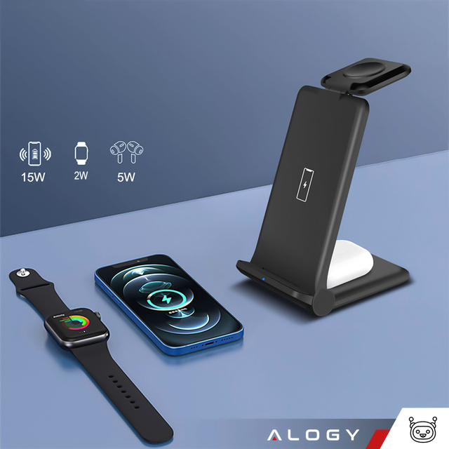 Ładowarka indukcyjna do iPHONE, APPLE WATCH, AIRPODS Alogy 3w1 QI stacja ładowania stojak 15W