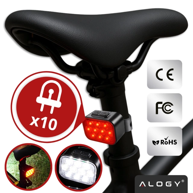 Lampka rowerowa LED Alogy DuoRide™ Lights Latarka na rower wodoodporne światło światełko na przód i tył przednia tylna 2 sztuki 10 LED