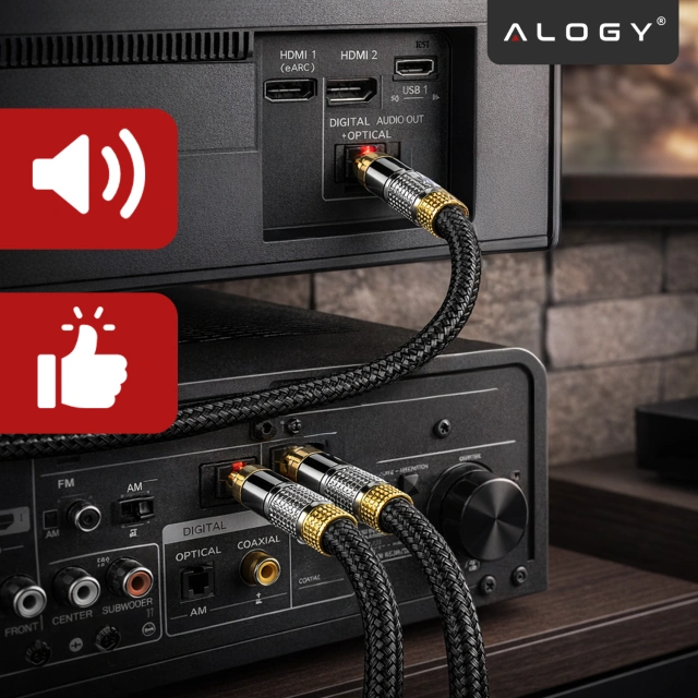 Kabel optyczny cyfrowy Audio 1.8m – krystaliczny dźwięk bez szumów i zakłóceń, pozłacane końcówki, nylonowy oplot 6.0 mm do TV i PC – Alogy OptiSound™ Czarny
