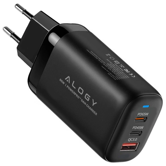 Ładowarka Sieciowa 3w1 z Technologią GaN3 65W, Szybkie Ładowanie PD i QC, Porty 2x USB-C 65W + USB-A 30W, Kompaktowa i Wydajna, Alogy GaNCharge Compact™ – Czarna