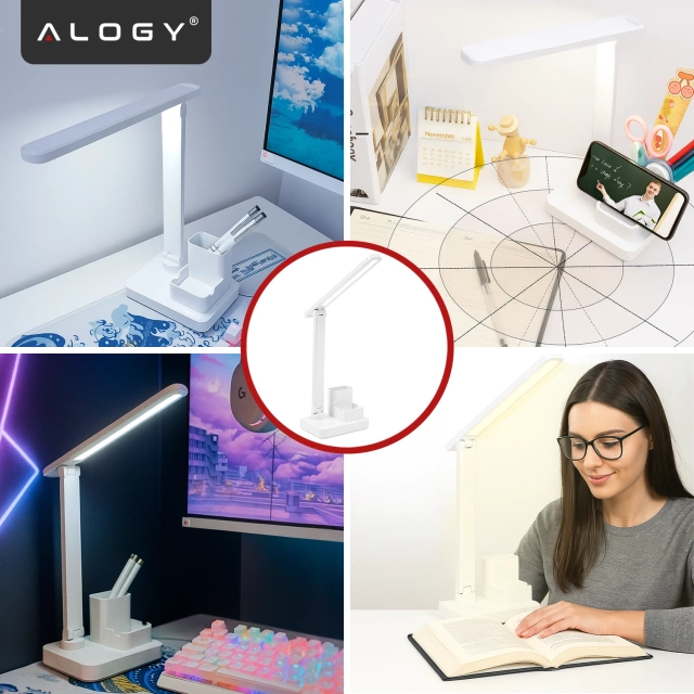 Lampka biurkowa nocna LED – akumulator 2400 mAh, organizer na długopisy i telefon, regulowane światło, idealna na biurko i do nauki – Alogy Light&Organize™ Biała