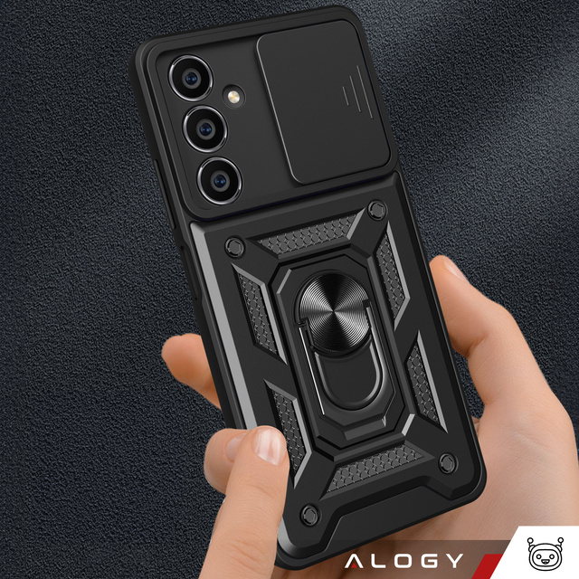 Etui pancerne do Samsung Galaxy S23 FE Camshield Case Ring Alogy Stand z osłonką na aparat slide czarne