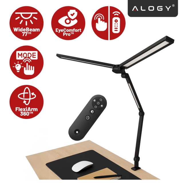 Lampa Biurkowa LED do Monitora ze Składaną Konstrukcją, z potrójnym oświetleniem, Regulowaną Jasnością, z Mocowaniem do Blatu, Ochrona Oczu, Alogy SmartDesk™ – Czarna