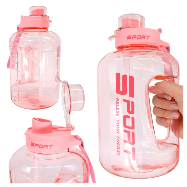 Duża Butelka Motywacyjna na Wodę 1.7L Bidon Sportowy z Miarką, Uchwytem i Pokrywką 2w1 (Dzióbek + Słomka), Wygodna i Szczelna, Alogy Sport 1700ml – Różowa