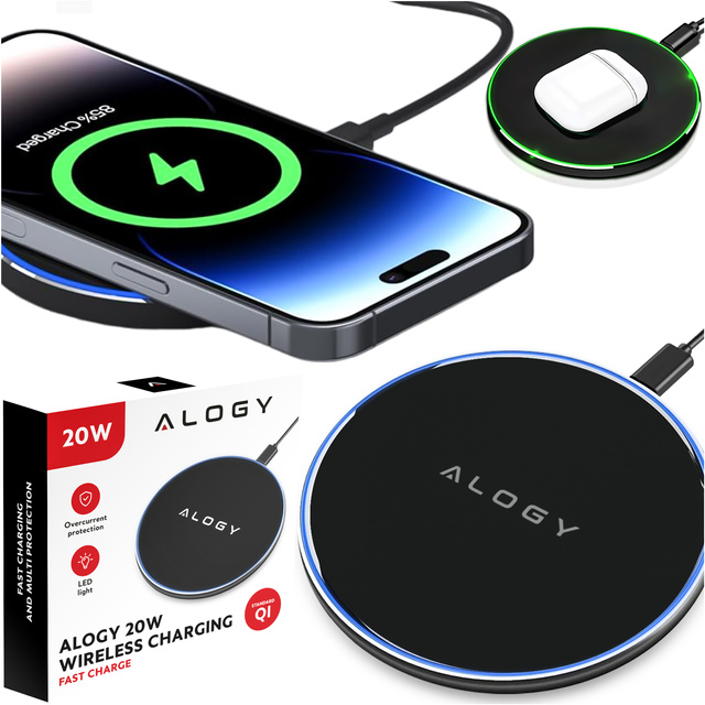 Alogy Ładowarka indukcyjna QI bezprzewodowa 20W szybka LED okrągła  + kabel USB-CCzarna