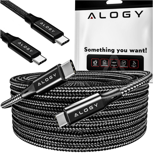 Alogy Kabel USB-C typ C mocny szybki 60W PD 1M do iPhone 15/Pro/Max nylonowy przewód Czarny