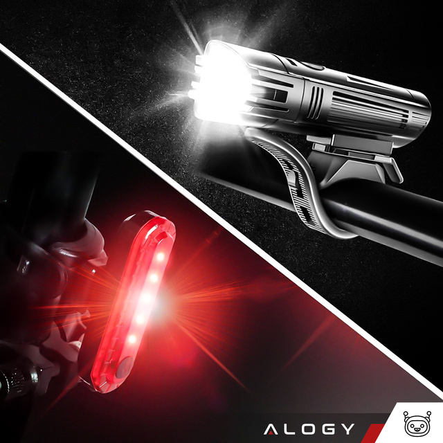 Alogy Lampka rowerowa 2w1 przód + tył wodoodporna IPX4 LED przednia tylna USB światło oświetlenie rowerowe zestaw lampek
