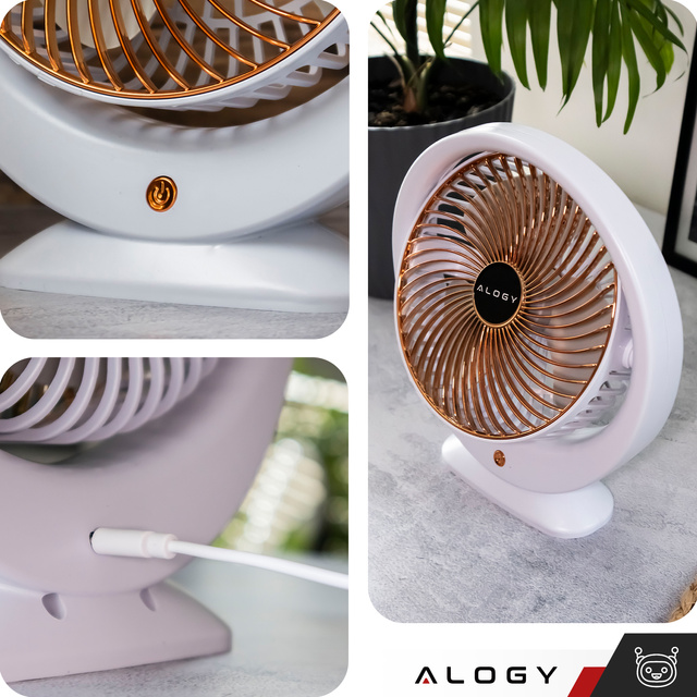 Alogy Wentylator wiatrak biurkowy stojący mocny mały przenośny bezprzewodowy 1200mAh USB-C Biały