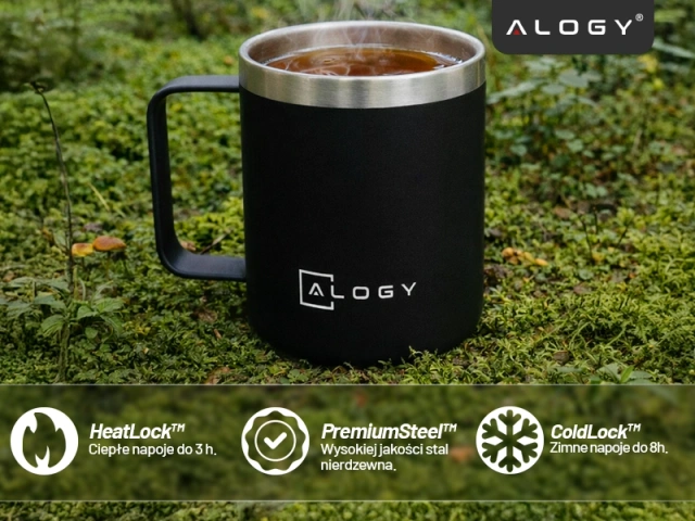 Alogy Kubek termiczny z uchwytem Thermal Mug otwierana pokrywka stalowy zimno i ciepło Czarny