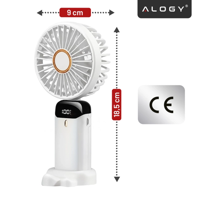 Wentylator Wiatrak Ręczny Bezprzewodowy, Przenośny i Biurkowy, z Uchwytem na Telefon, Ładowanie USB-C, Bateria 18650, Alogy CoolBreeze™ – Biały