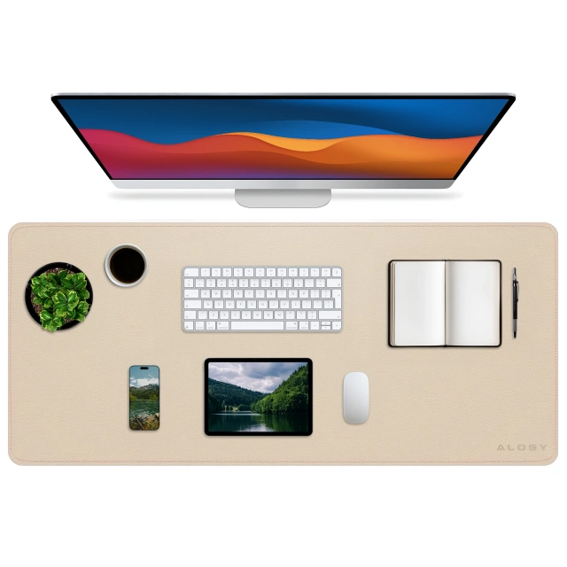 Podkładka na biurko 90×45 cm – antypoślizgowa mata ochronna z eleganckiej ekoskóry PU, pod mysz i klawiaturę, stylowa i trwała – Alogy WorkMat™ Beżowa