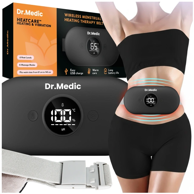 Pas Grzejący z Masażerem na okres i plecy - przeciwbólowy, ciepło + wibracje, 6 poziomów intensywności, akumulator 1800 mAh - Dr.Medic ThermoPulse™ Czarny