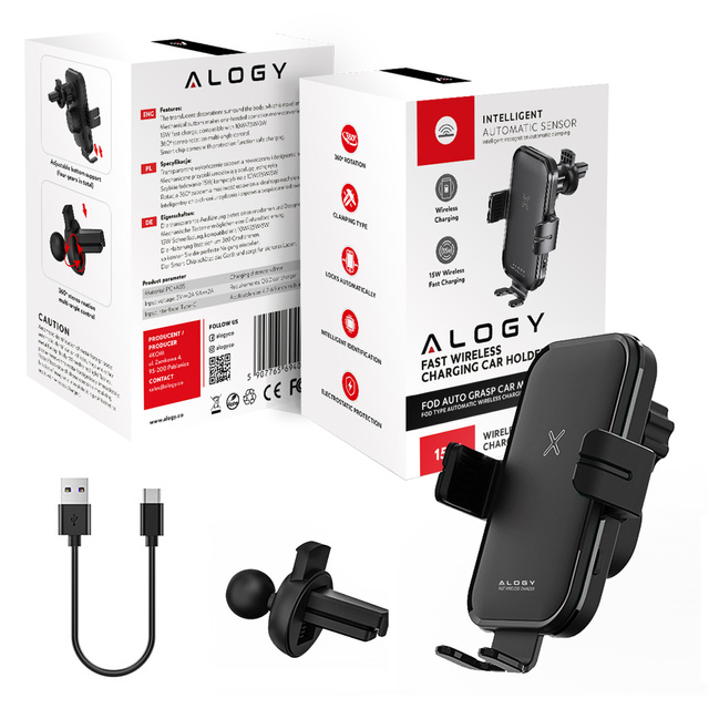 Alogy Uchwyt samochodowy Fast Wireless Charging Car Holder z Ładowarką Qi indukcyjną 15W do auta na kratkę