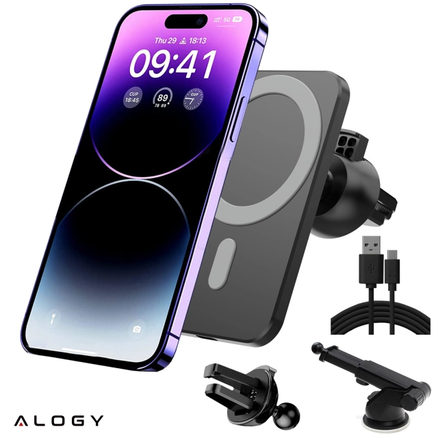 Alogy Uchwyt magnetyczny do auta z ładowarką Qi MagSafe na kratkę/ deskę 15W