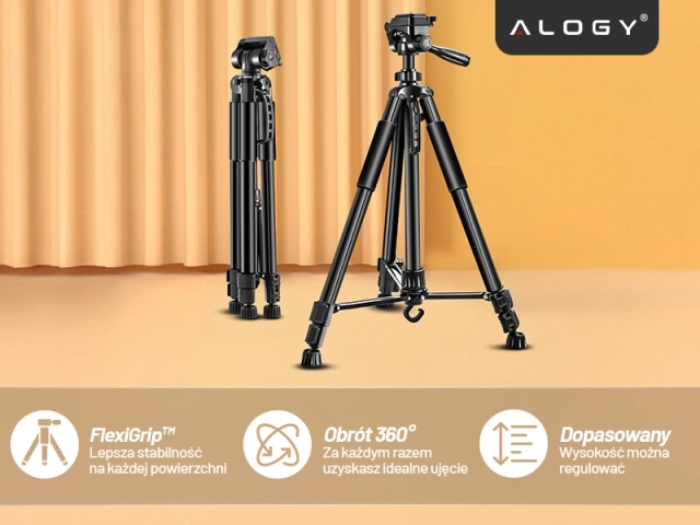 Alogy Statyw Fotograficzny Tripod Uniwersalny stojak do Kamer 1/4 uchwyt na telefon aparat 170cm Czarny