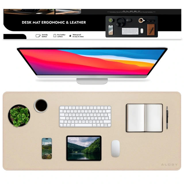 Podkładka na biurko 80×40 cm – antypoślizgowa mata ochronna z eleganckiej ekoskóry PU, pod mysz i klawiaturę, stylowa i trwała – Alogy WorkMat™ Beżowa