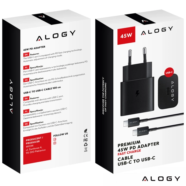 Alogy Ładowarka sieciowa USB-C typ C PD Premium szybka 45W 3A + Kabel Type-C 1M czarna
