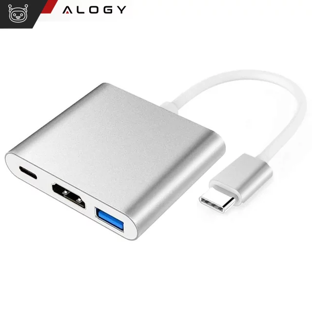 Alogy Adapter HUB 3w1 rozdzielacz USB-C 3.0 HDMI USB-A Srebrny