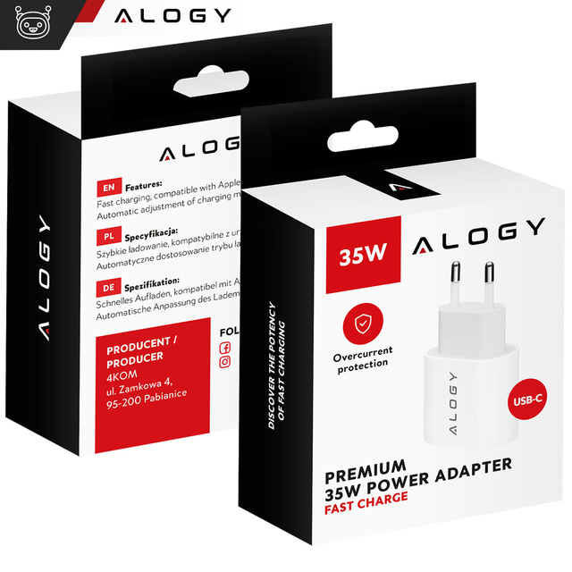 Alogy Ładowarka sieciowa szybka mocna 35W USB-C USB typ C PD GaN do iPhone Biała