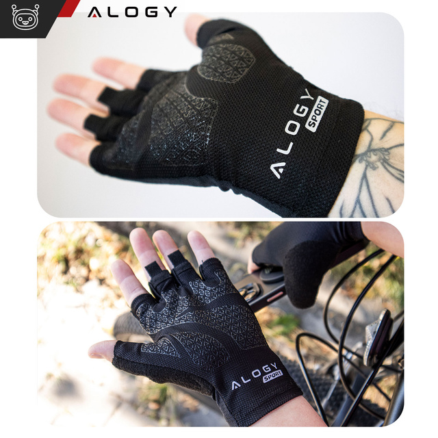 Alogy Rękawiczki rowerowe L krótkie bez palców męskie damskie Unisex sportowe na rower na MTB Gravel Kross Czarne